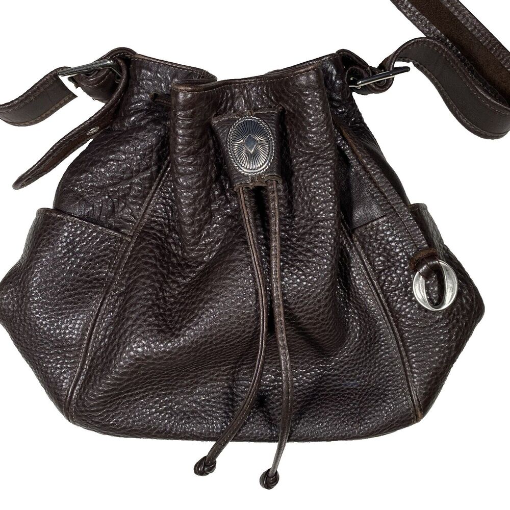 Mina Brown Pebbled Leather Bucket Bag Satchel Boho Western Festival Indie Gypsy